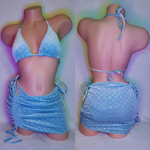 Baby blue velvet bikini skirt set