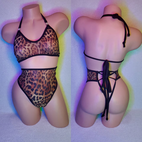 Leopard mesh tie back high waist bikini