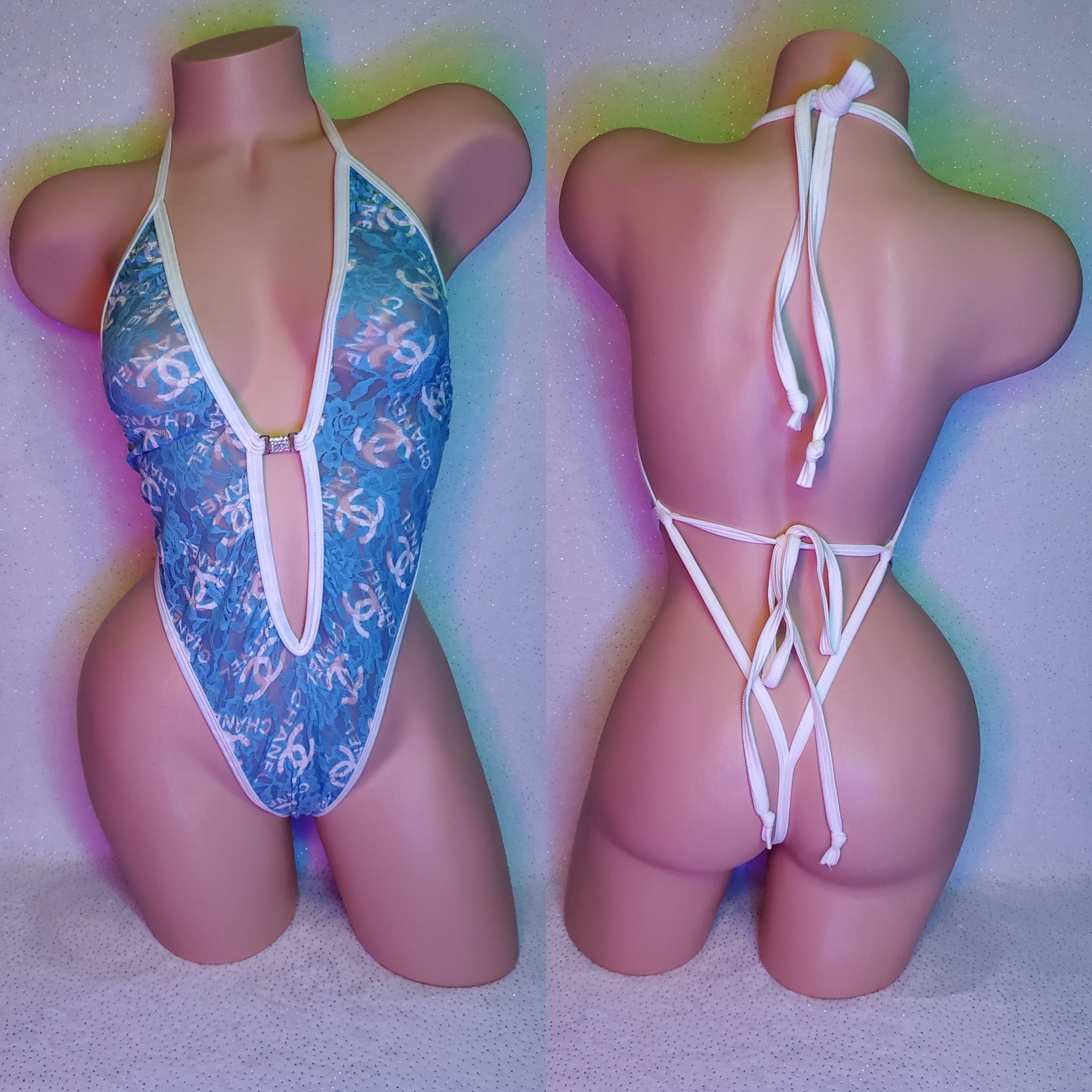 Baby blue & white lace tie back one piece