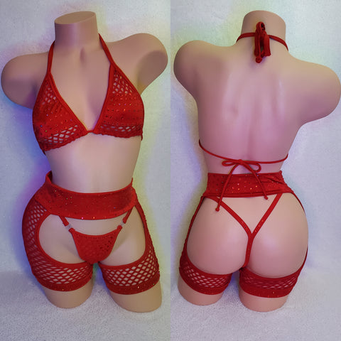 Red stoned out garter shorts set