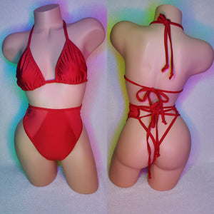 Red mesh peek-a-boo high waist bikini