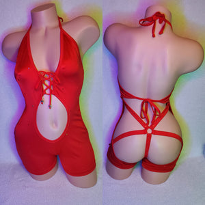 Red stoned bodysuit & thong set