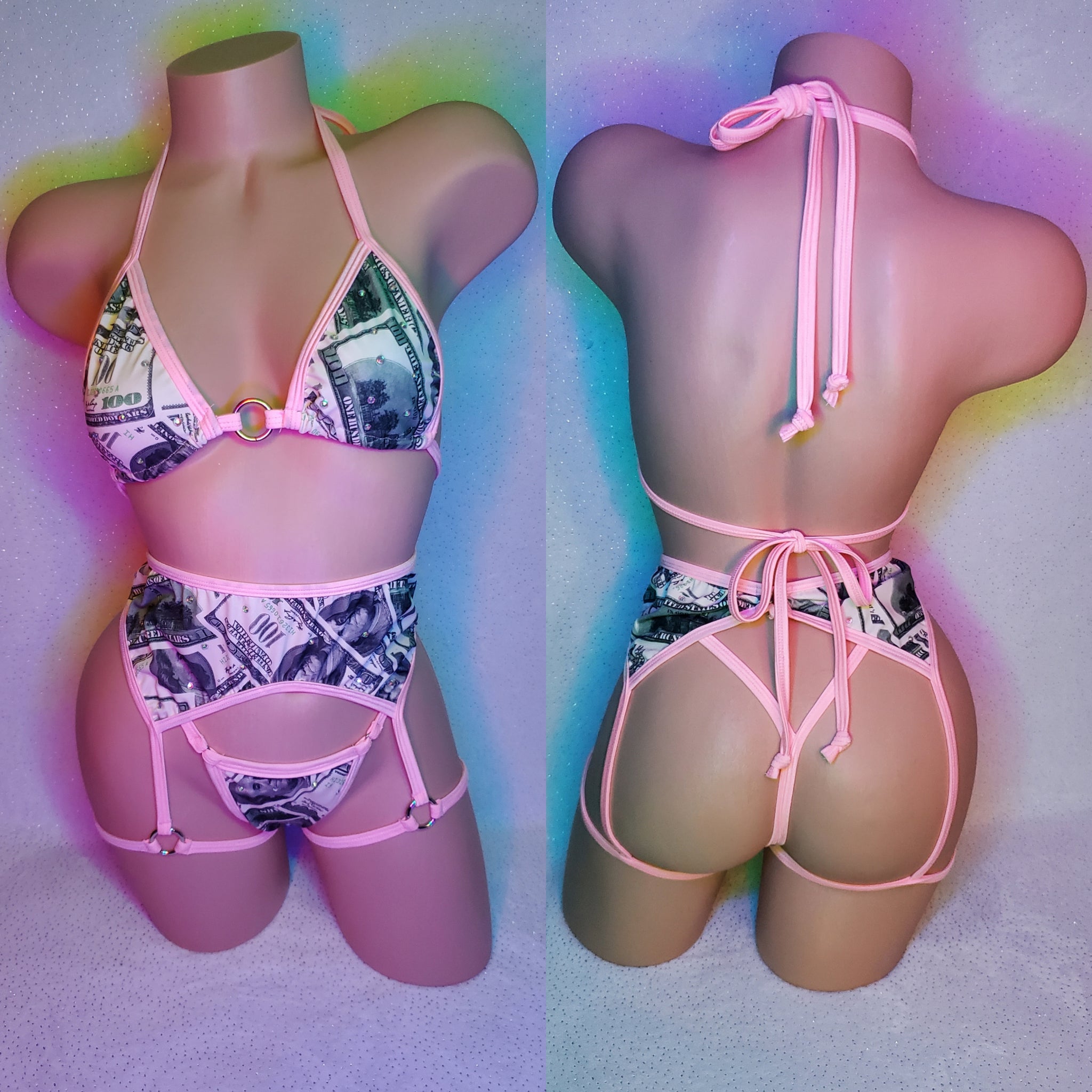 Stoned money print garter belt bikini set