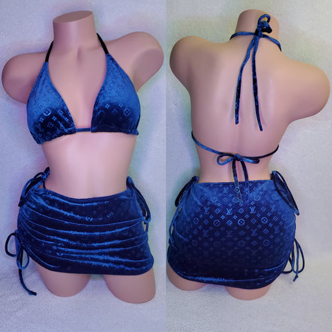 Dark blue velvet bikini skirt set